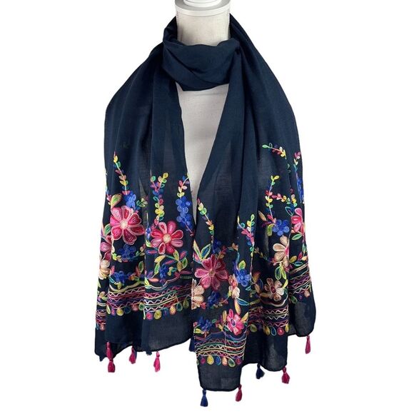 NWOT Navy Blue with Colorful Flowers Tassels Large Scarf Boho Floral Festival - Picture 1 of 6
